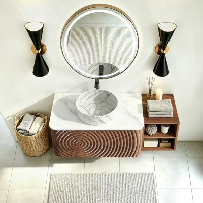 Ensemble de meuble-lavabo mural, lavabo de salle de bain flottant avec lavabo rond en céramique et armoire latérale, ensemble de meuble-lavabo texturé à ondulation d'eau pour les petits espaces, peu encombrant