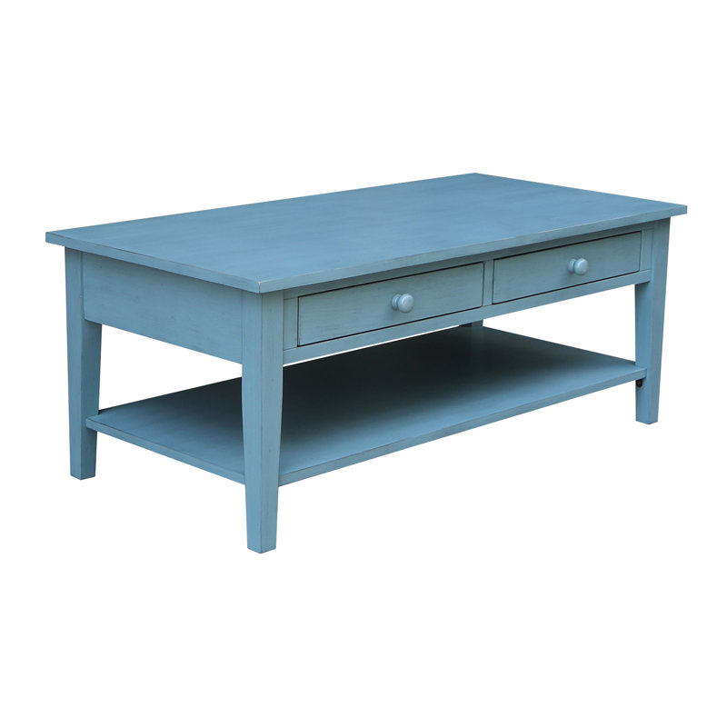 Table basse 4 pieds en bois massif avec rangement Tiller, Bleu océan antique frotté