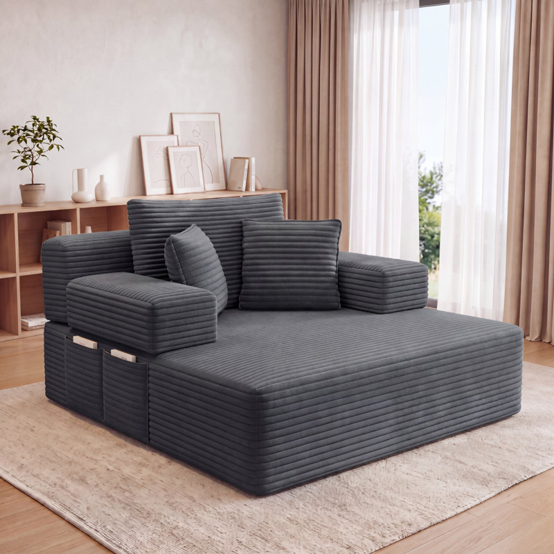 Canapé-lit rembourré 48,5 po en velours côtelé double avec 2 coussins et poches latérales - aucun assemblage requis, Gris