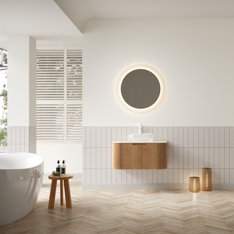 Meuble-lavabo de salle de bain 30 po Dina, armoire de rangement rayée à bords arrondis avec tiroir, lavabo en verre rond transparent et plateau en pierre frittée à motif de travertin, pré-assemblé, couleur grain de bois naturel