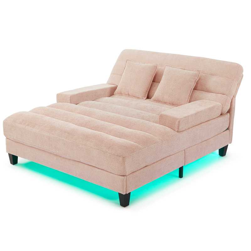 Méridienne moderne avec méridienne 57,1 po Canapé-lit rembourré en chenille avec dossier réglable et bande lumineuse DEL pour le salon, rose
