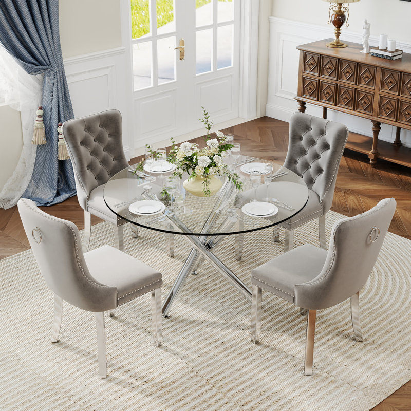 Ensemble de salle à manger à piédestal rond 5 pièces avec chaise capitonnée en velours pour salle à manger et salon, Gris