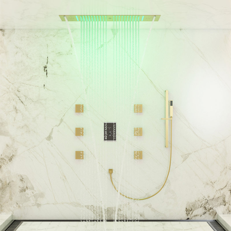 35”L x 12”W Flush-Mount LED Bluetooth Music Rainfall Shower System with Smart Touch Screen Display, Brushed Gold