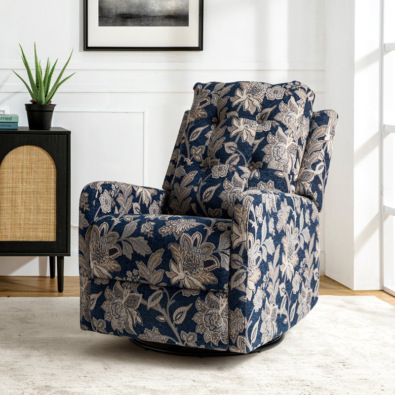 Salome Floral Swivel Rocker Manual Recliner with Wingback, Navy Polyester Blend
