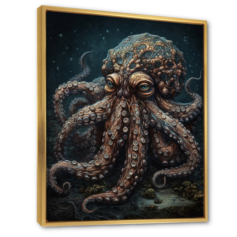 «Brown Octopus Under The Sea - Octopus», reproduction d'art sur toile encadrée, H 40 po x l 30 po, Cadre flottant doré