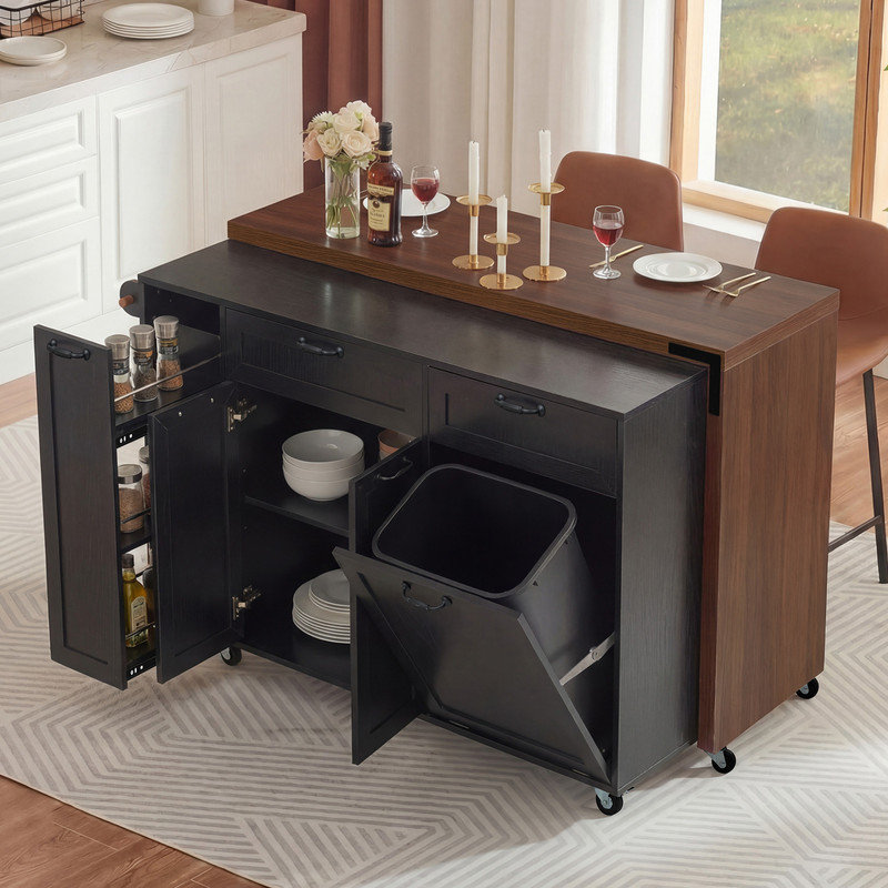  102.3" Kitchen Island with Extendable Dining Table, Kitchen Rolling Island Cart with Trash Storage Cabinet, 3-Tier Pull-Out Spice Rack, Mobile Island Table on Wheels for Kitchen, Dining Room