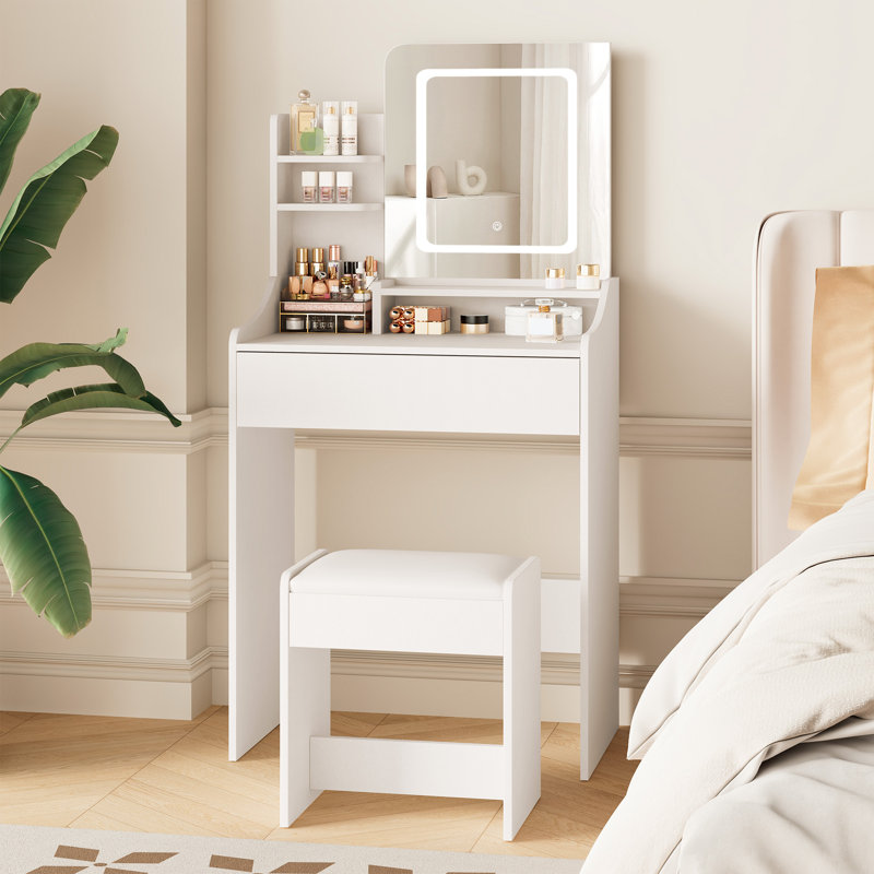 Makeup Vanity Desk With Stool, Mirror, and Light, White