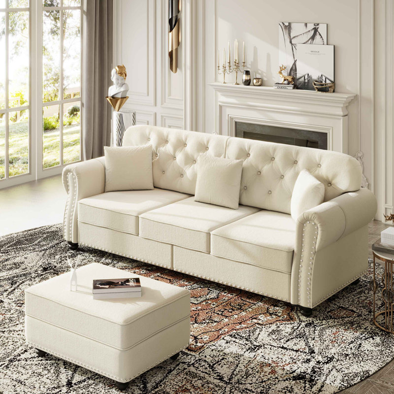 Canapé Chesterfield 82,6 po rembourré en velours avec garniture cloutée et accoudoirs roulés, canapé de style Mid-Century moderne capitonné avec boutons, inclus 3 coussins