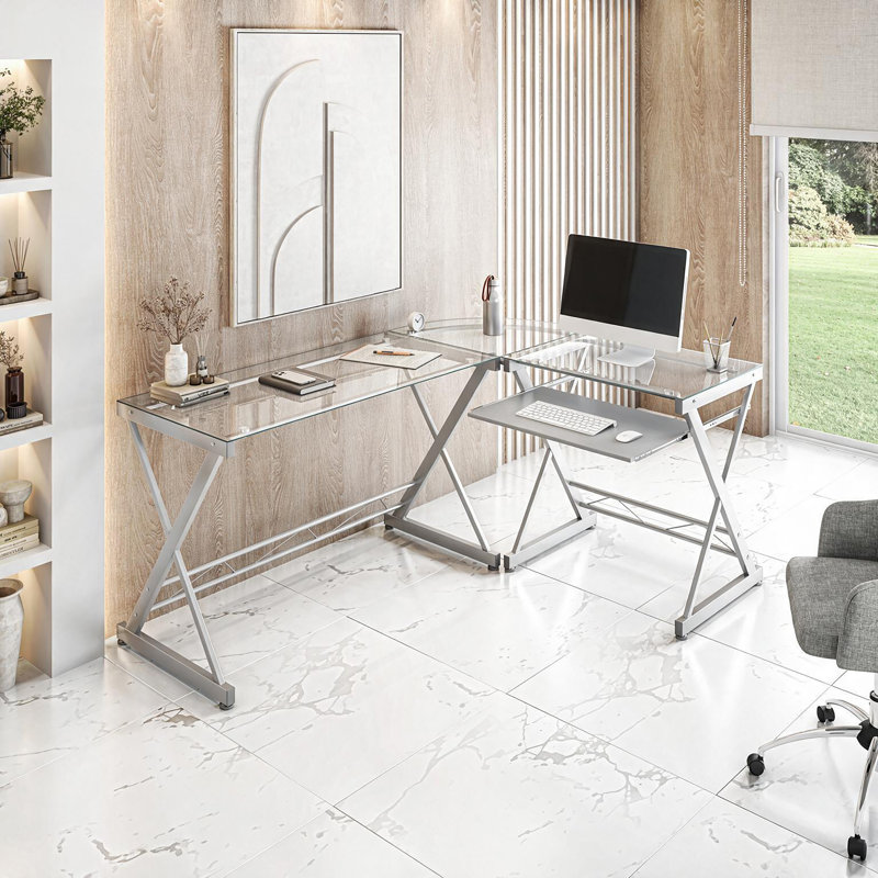 Modular L-Shaped Glass Steel Computer Desk