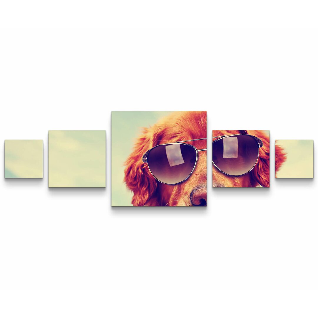 5-tlg. Leinwandbilder-Set Golden Retriever mit Sonnenbrille