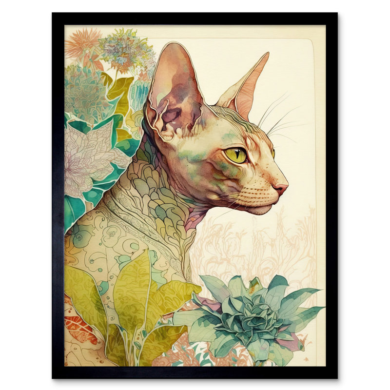Sphynx Cat With Floral Tattoo In Flower Blooms Colourful Modern Watercolour - Single Picture Frame Print