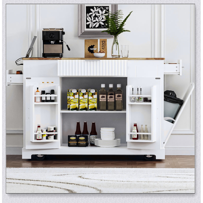 Fluted Kitchen Island with Trash Can Storage, Power Outlets, and Rolling Wheels for Enhanced Mobility and Organization, White