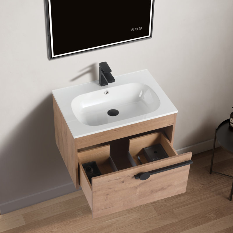 Meuble-lavabo mural 24 po avec lavabo en bois flottant avec lavabo en céramique Kaylianne