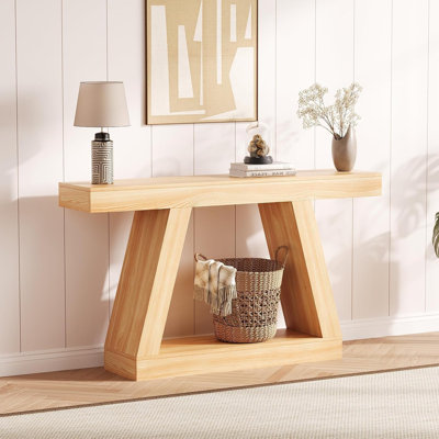 Farmhouse Console Table, 2-Tier Rustic Sofa Table with Open Storage Shelves, 55 Inch Industrial Wooden Entryway Table, Farmhouse Trapezium TV Console