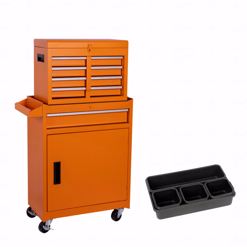 Armoire à outils, coffre à outils à 5 tiroirs avec boîte à outils avec plateau amovible, doublure de tiroir, roulettes verrouillables, tablettes réglables, mécanisme de verrouillage, chariot à outils en métal, avec 5 plateaux à outils en plastique (catégorie d'armoires à outils), Rollin