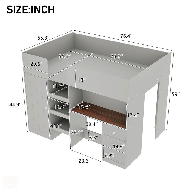 Gray Pine Wood Full Loft Bed with Wardrobe and Desk