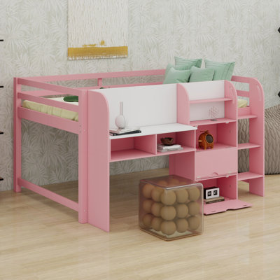 Pine Wood  Low Loft Bed With Built-In Desk ,Whiteboard For Graffiti,Storage Cabinets And Open Bookcase