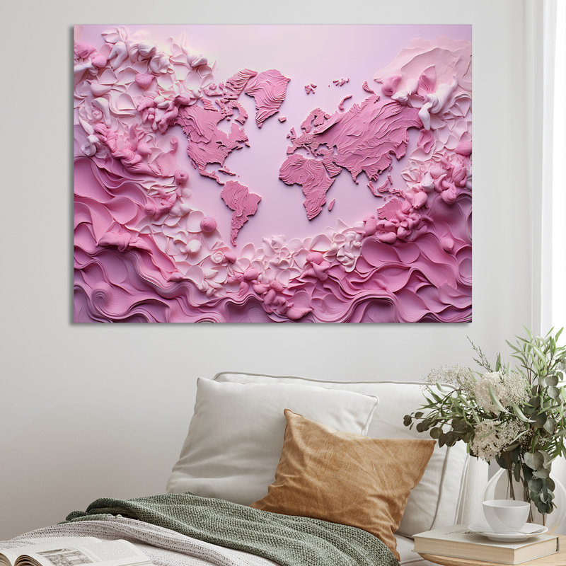 pink Whimsical Waters world map - World Map Wall Art, Wrapped Canvas, 34" H x 44" W