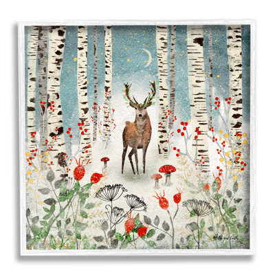 " Deer In Nighttime Birch Forest " by Jacqueline Wild Painting Print