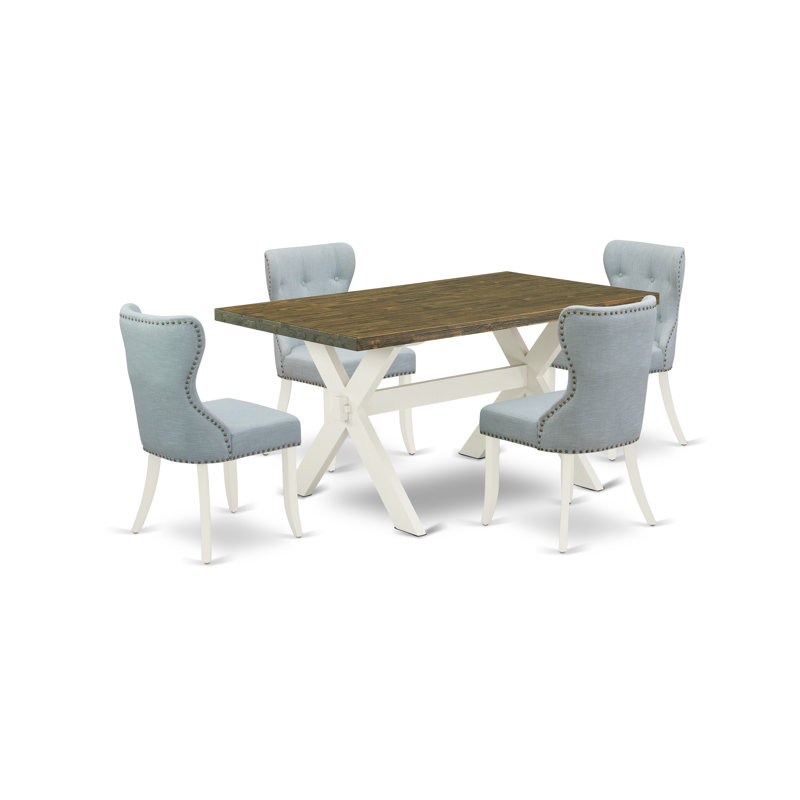 5 Piece Dining Room Table Set Includes a Rectangle Dining Table with X-Legs and 4 Baby Blue Linen Fabric Upholstered Parson Chairs, Wire Brushed Linen White