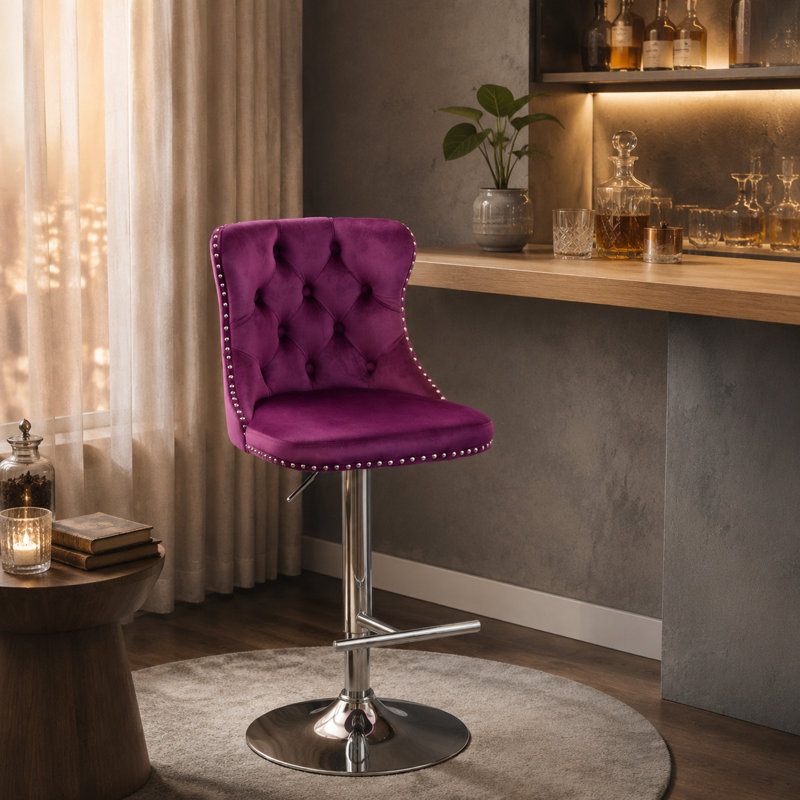 Tabourets de bar pivotants en velours mauve à hauteur réglable pour îlot de cuisine, Silver, Purple