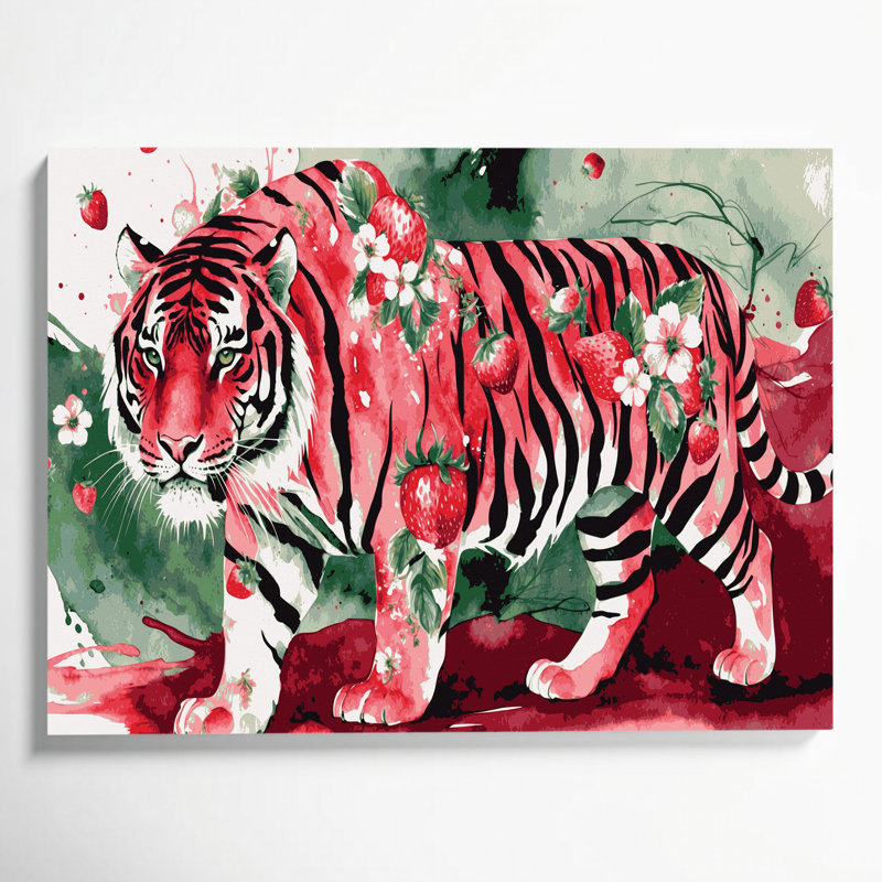 «Big Cats», fraise et tigre sur toile beige, H 20 po x l 24 po