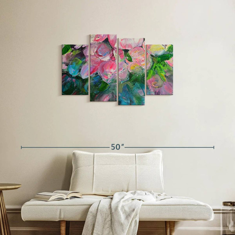 Ensemble de 4 pivoines abstraites sur toile, H 22 po x l 36 po x P 1 po