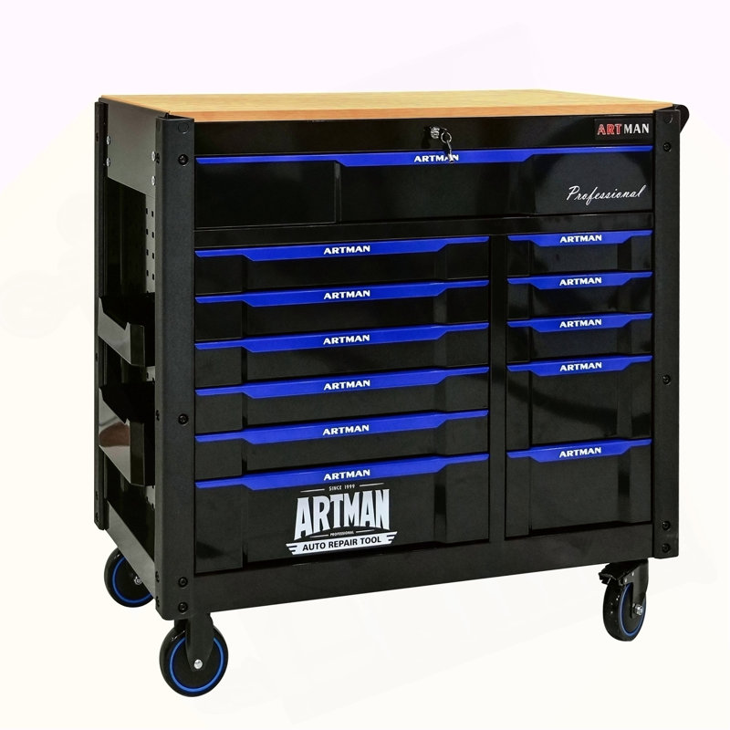 Wagon à outils multi-usages à 12 couches avec roulettes et comptoirs en bois