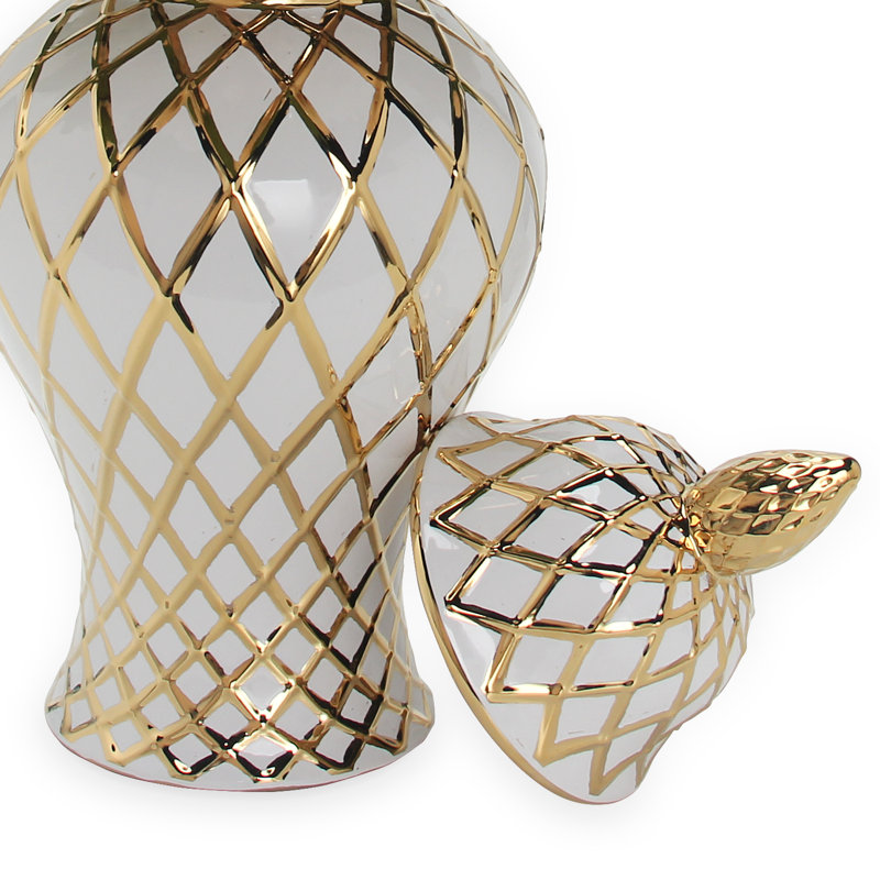 Vase en céramique Fortunna, H 20,5 po x l 10,5 po x P 10,5 po, Blanc / Doré
