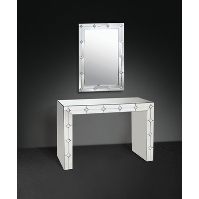Assembled Rectangular Sled Mirrored Faux Rhinestone Console Table, 47 Inches Wide, 32 High, 16 Deep, Silver