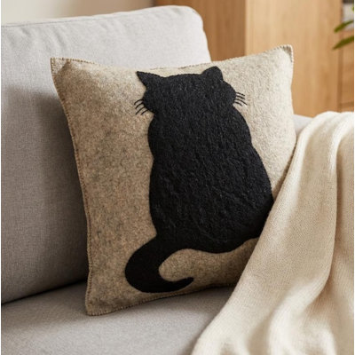 Handmade Pillow in Hand Felted Wool - Cat on Gray - 20"