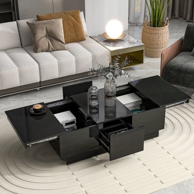 Table basse de salon moderne avec compartiments cachés et fonction extensible, rangement rectangulaire noir brillant
