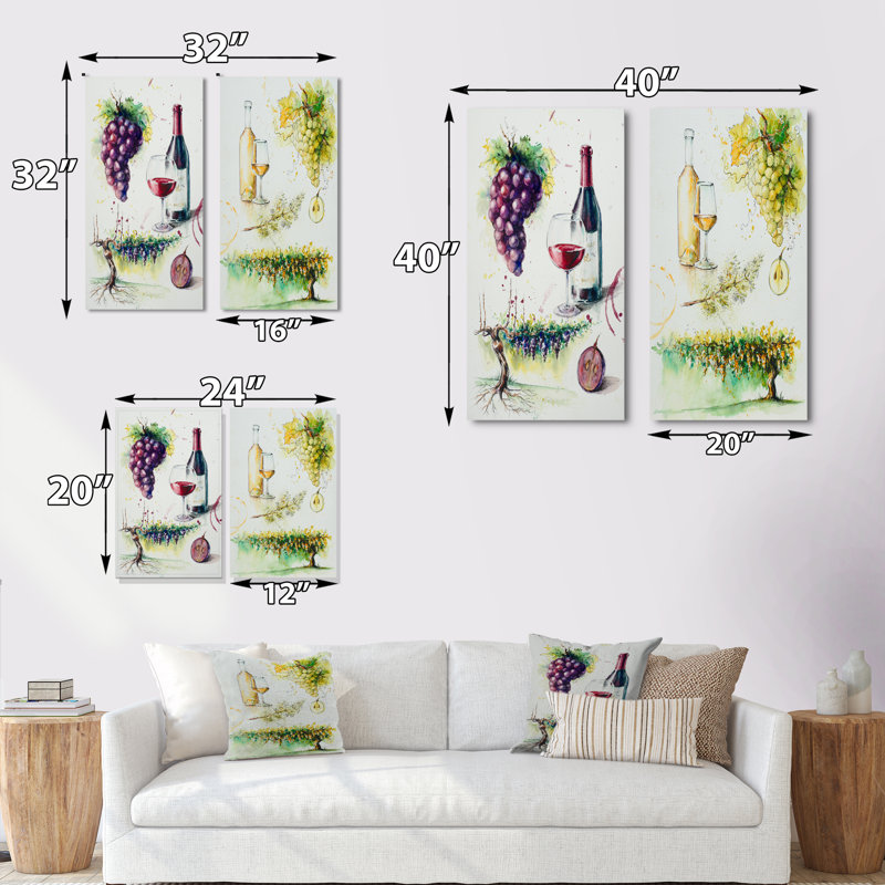 Raisins avec bouteille de vin - ensemble de 2 reproductions sur toile, Toile tendue, H 20 po x l 24 po x P 1 po