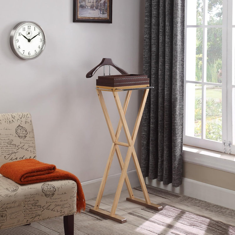 Laguna Wooden Valet Stand With Wide Shoulder Hanger, Two Stackable Felt Trays, Trouser Bar, And Side Tie Bars For Organizing Clothes And Accessories