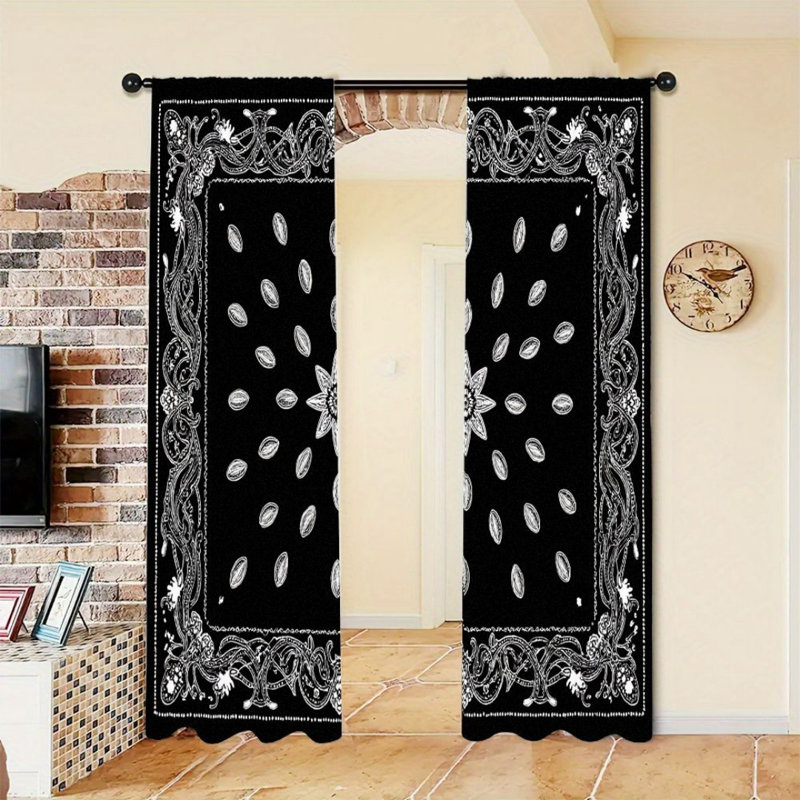 2Pcs Black White Swirl Pattern Curtains, Vintage Scroll Design, Rod Pocket Light Filtering, Retro Style, All-Season For Living Room Bedroom Home Decor