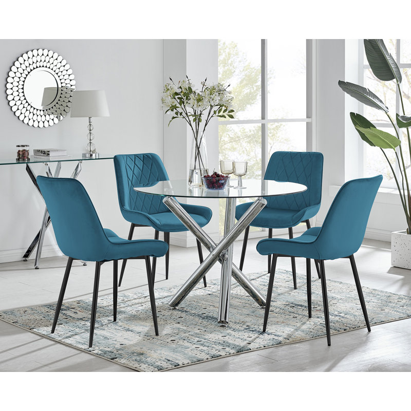 Seline Modern Round Dining Table Set in Glass and Chrome with 4 Luxury Velvet Leather Chairs, Blue/Black