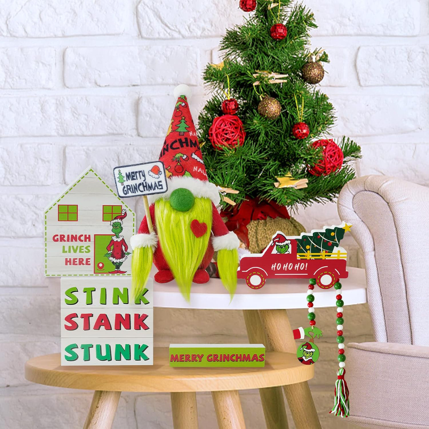 MISBEST Christmas Decorations,Grinch Christmas Tiered Tray Decor,5Pcs Green  Christmas Wood Sign,Tabletop Decor,Stink Stank Stunk Wooden Centerpieces