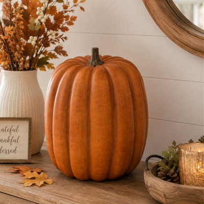 1‑Pack Faux Orange Halloween Pumpkin, Foam Fall Porch Decor, Autumn Porch Ornament, Indoor & Covered‑Outdoor Fall Decor for Tabletop Mantel Seasonal Home Decoration