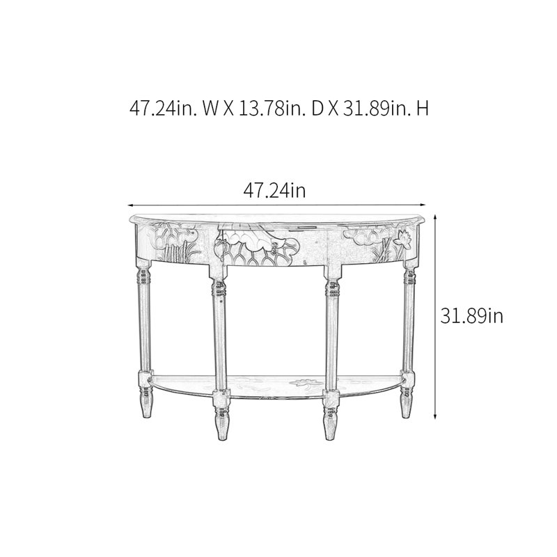 Console demi-cercle dessiné à la main, H 31,89 po x l 47,24 po x P 13,78 po