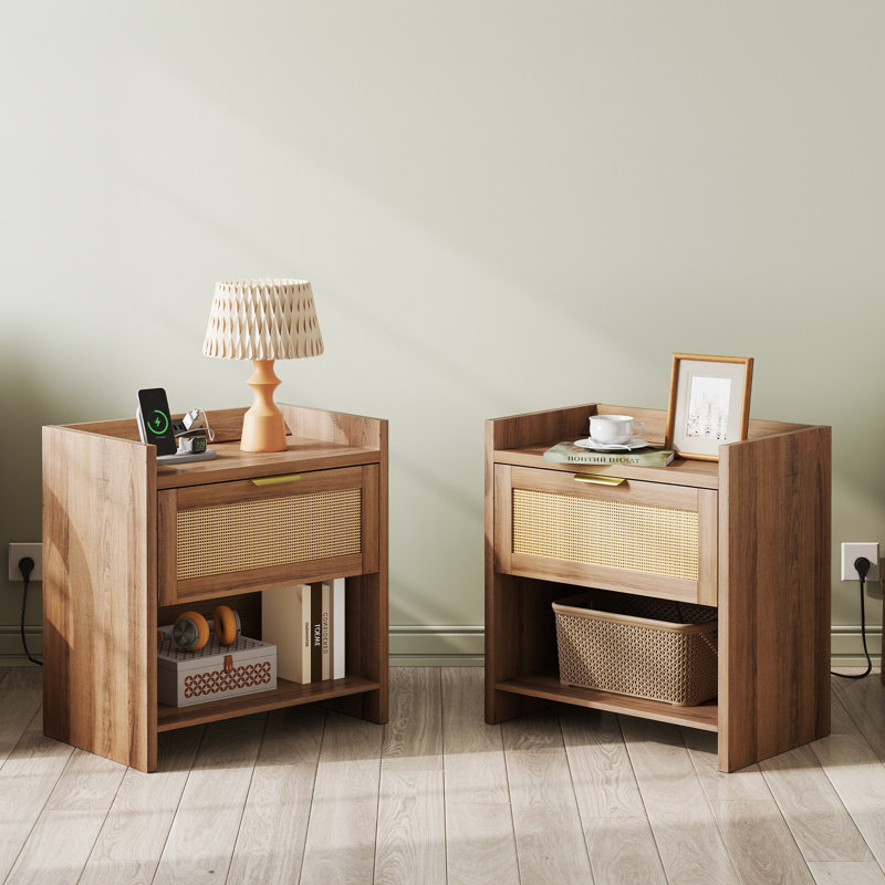 Rattan Nightstands Set Of 2, Night Stand Sets With Charging Station, Boho Bed Side Table With Storage Drawer And Open Shelf, End Tables Bedroom