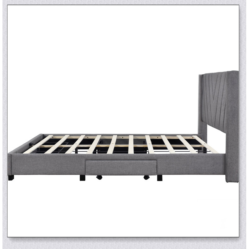 Lit plateforme tapissier avec rangement et 3 tiroirs, Gris