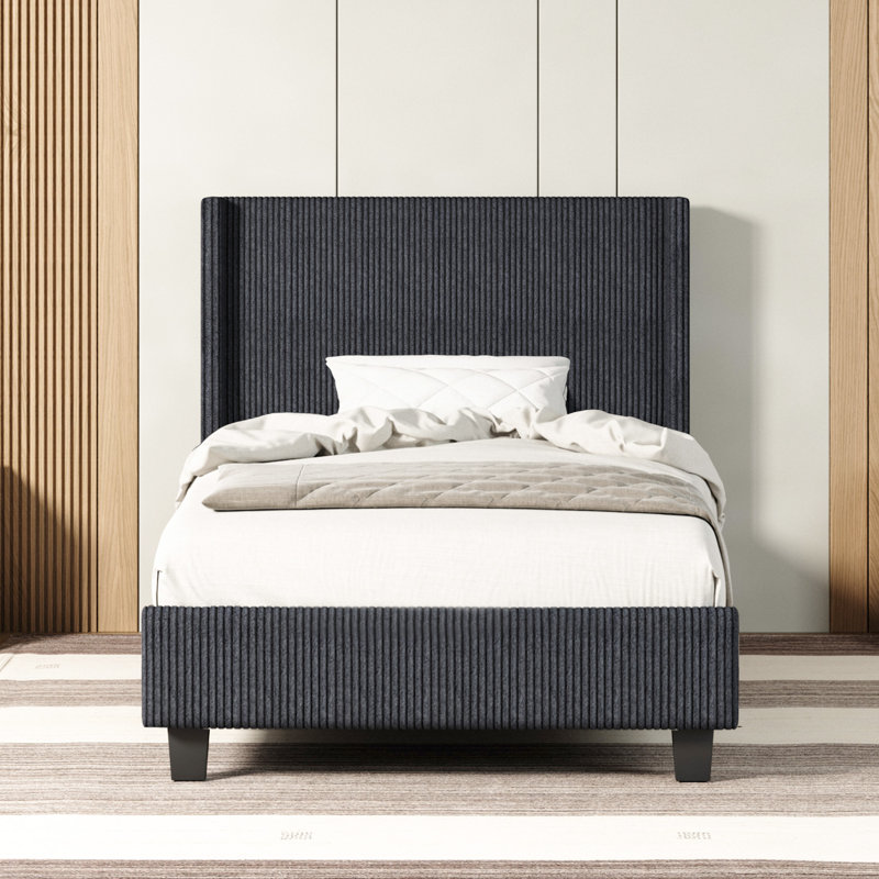 Schauer Corduroy Upholstered Wingback Bed, Metal Frame , Plywood Slats, No Box Spring, Black, Twin