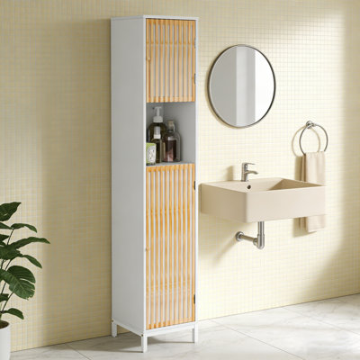 Bathroom Storage Cabinet with Bamboo Slat Doors, Adjustable Shelves for Small Space Organizer