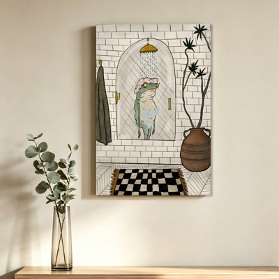 Cute Frog Taking Shower Bathroom Illustration Poster