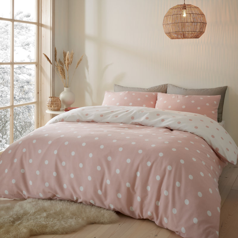 Brushed Polkadot Spot Soft and Cosy Reversible Duvet Cover Set with Pillowcases, Double - 2 Standard Pillowcases, Pink