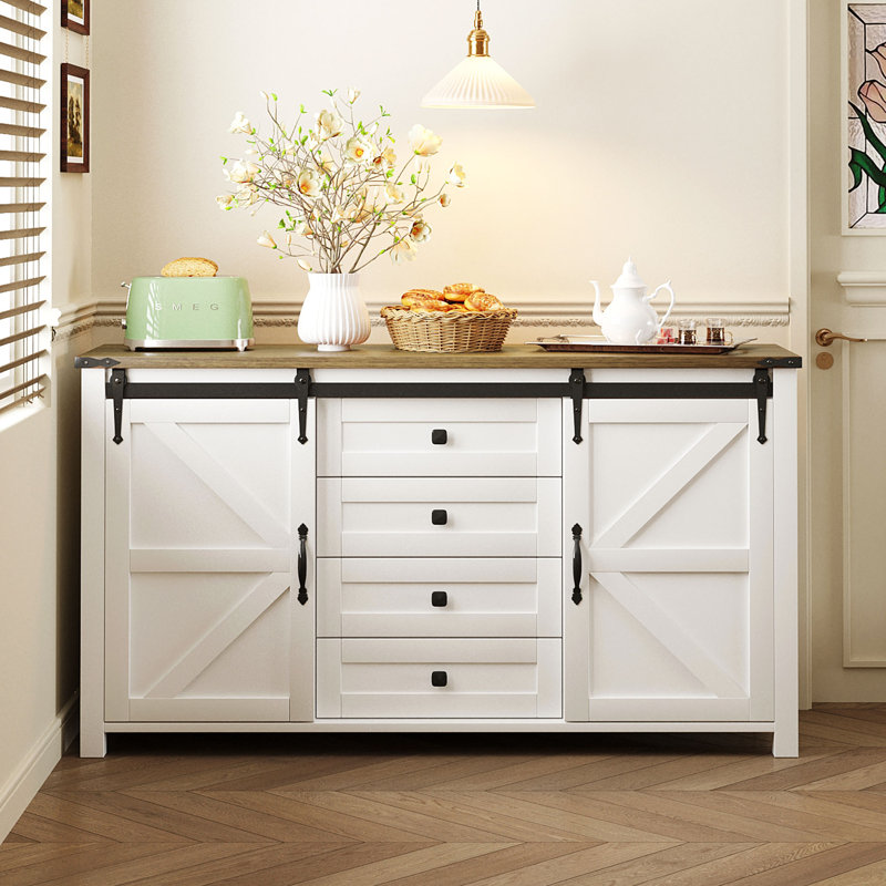 Buffet avec rangement, armoire de rangement de ferme avec portes de grange coulissantes et 4 tiroirs, table de buffet en bois avec prise de courant