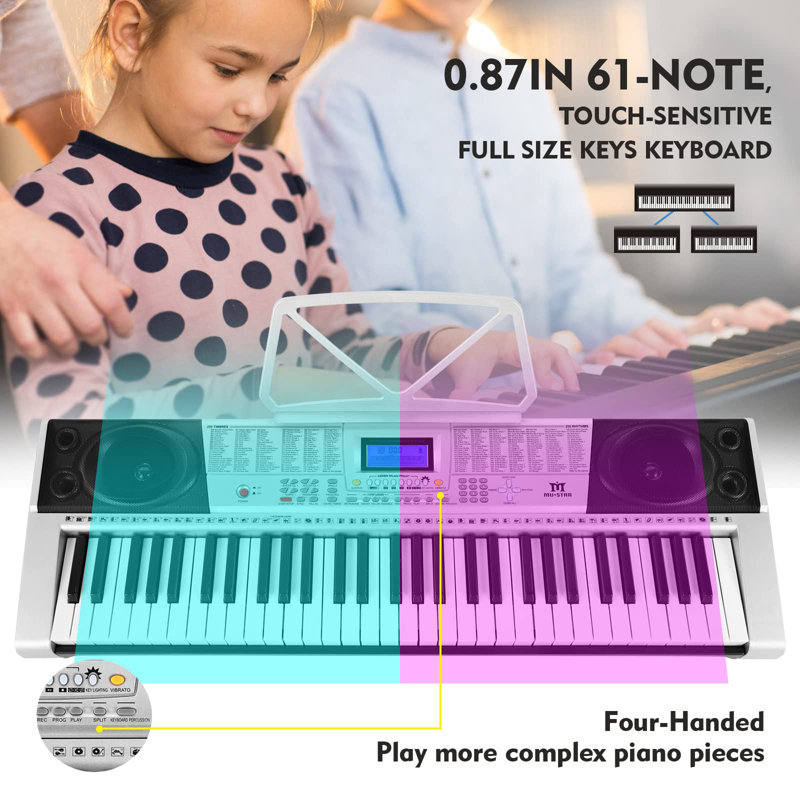 61 touches pour clavier de piano 61 touches, clavier de piano électrique avec touches lumineuses, piano à clavier pour débutants, support pour piano, écran ACL, écouteurs, microphone, cadeaux d'anniversaire pour enfants