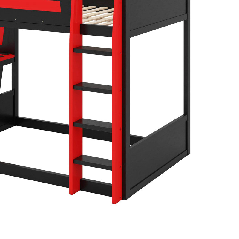 Full Size Wooden Gaming Bunk Bed With Desk,Two Storage Shelves,USB And LED Light, Full, Black/Red