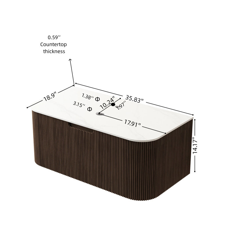 Armoire murale 36 po avec comptoir en marbre artificiel, tiroir rayonné noyer foncé à motif français de style français et poignée rainurée, amortissement en douceur pour un fonctionnement en douceur, contreplaqué d'eau, 14,92 po