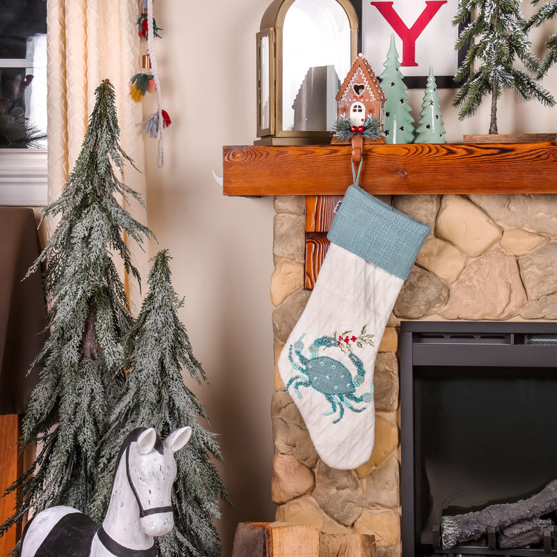 White and Blue Coastal Embroidered Crab Christmas Stocking